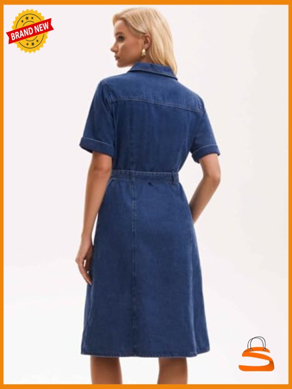 Denim Button Down Dress with Belt and Pockets - Picture 5 of 6